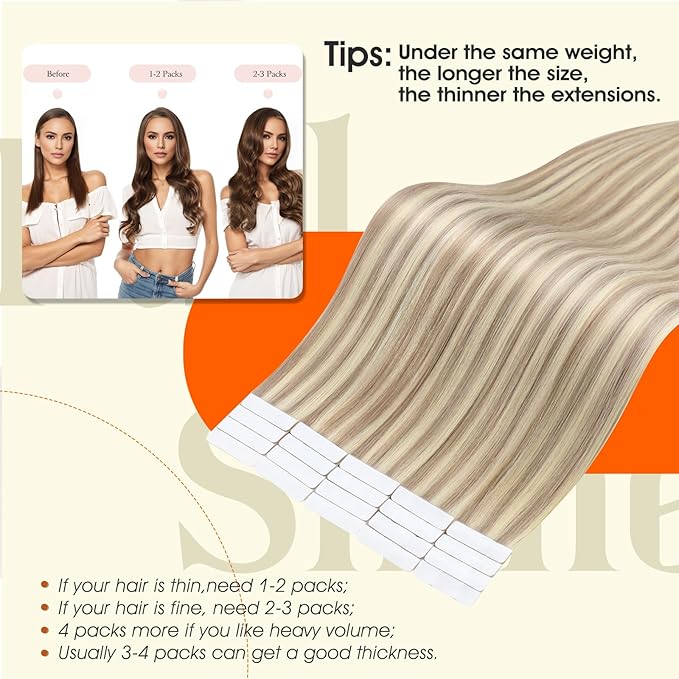 Full Shine Highlight Blonde Injection Tape in Hair Extensions Color 18/613 Remy Tape in Human Hair Extensions 16Inch Straight Natural Seamless Skin Weft Extension 40Gram 20Pcs for Women