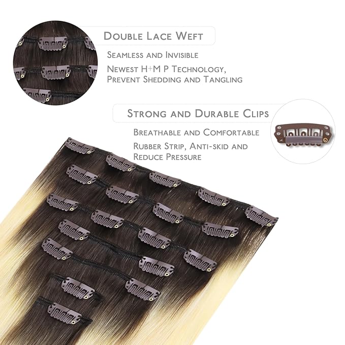 WENNALIFE Clip in Hair Extensions, 14 Inch 120g 7pcs Clip in Hair Extensions Real Human Hair, Ombre Light Dark Brown to Platinum Blonde Remy Hair Straight