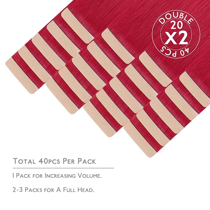 WENNALIFE Tape in Hair Extensions, 40pcs 120g 26 Inch Red Human Hair, Straight Invisible Reusable Real Extensions