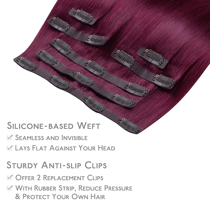 WENNALIFE Seamless Clip In Hair Extensions Human Hair, 16 Inch 130g 7pcs Light Burgundy Real Hair Extensions Clip in Human Hair Invisible PU Skin Weft Natural Remy Human Hair Extensions