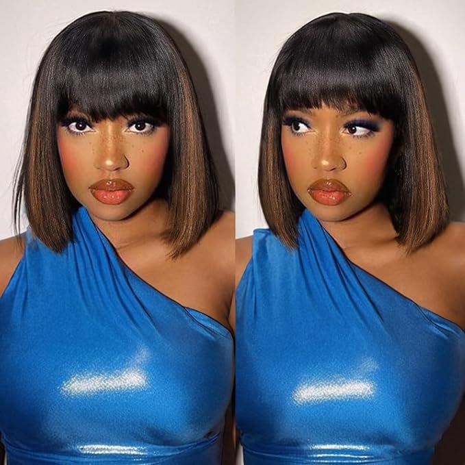 Bob Wig 100% Virgin Human Hair Wigs Glueless 2.5x1 Lace Closed F1B/30 Color Short Bob Human Hair With Bangs Ready To Go Straight bob wig human hair（14 Inch bob wig）