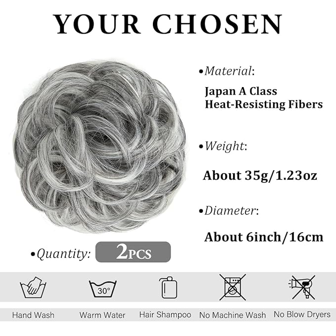 SARLA 2PCS Messy Hair Bun Hair Pieces Wavy Curly Synthetic Updo Fake Scrunchies Pony Tail for Women Dark Grey
