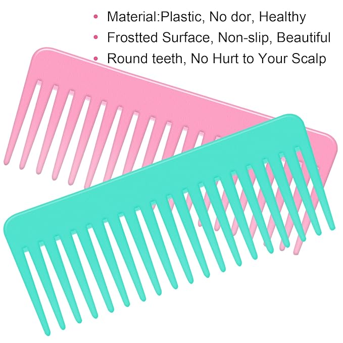 Wide and Large Detangling Comb for Long, Curly, Wet Hair - No Handle Styling and Shampoo Comb (2 Pieces - Pink, Cyan)