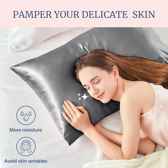 BEDELITE Satin Pillowcase for Hair and Skin, Super Soft and Cooling Similar to Silk Pillow Cases 2 Pack with Envelope Closure, Gift for Women Men(20"x26" Standard Size, Dark Grey)