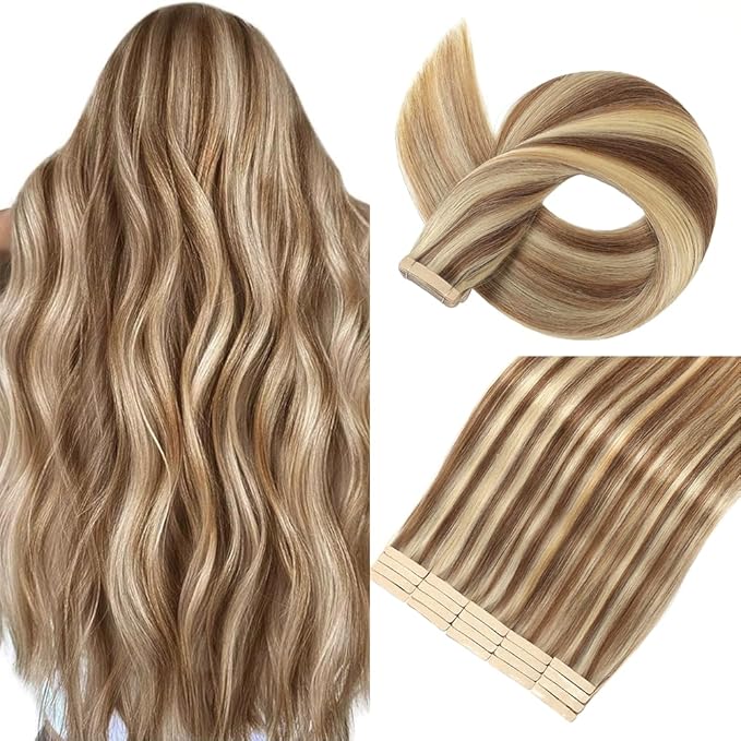 Tape in Hair Extensions Human Hair 16 Inch 20pcs Invisible Tape ins Hair Extensions Real Human Hair Chestnut Brown Highlighted Bleach Blonde Remy Seamless Injected Tape Extensions