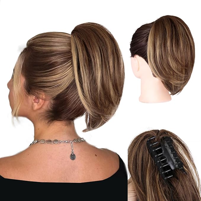 Clip on Ponytails for Women - 10 Inch Short Ponytail Extension, Straight Pony Tails Hair Extensions, Synthetic Hair Extensions Ponytail, Clip in Ponytail (Color: Red Brown Mixed Golden)