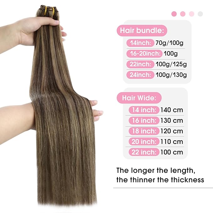 YoungSee Hair Extensions Weft Brown Highlights Sew in Hair Extensions Real Human Hair Dark Brown Mix Caramel Blonde Human Hair Weft Extensions for Women 18Inch 100G