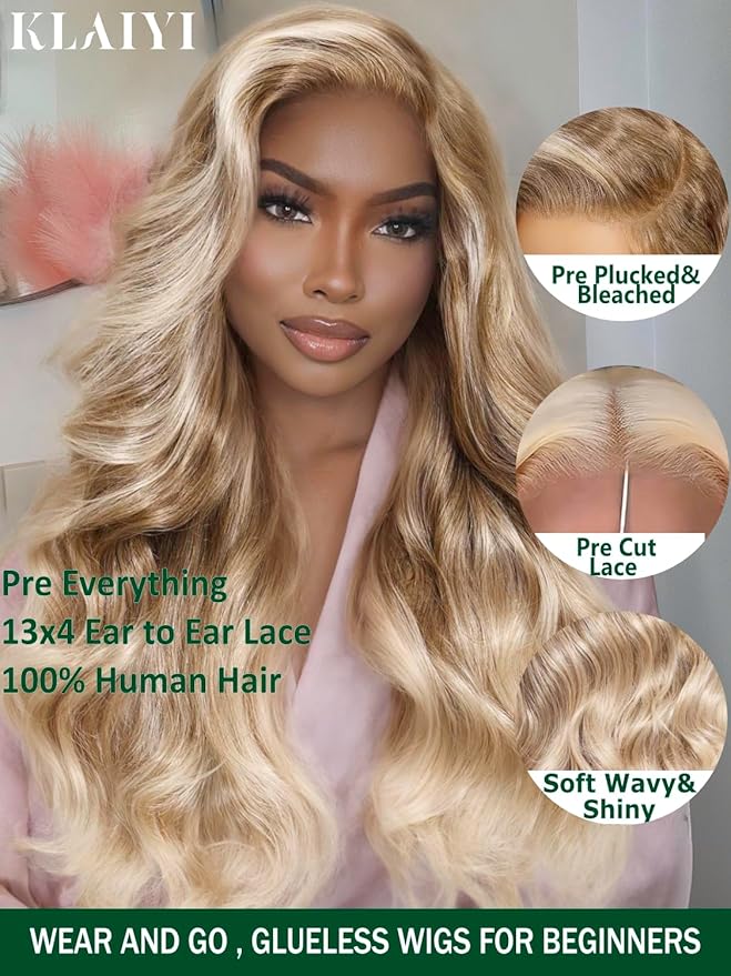 KLAIYI Ombre Ash Blonde Loose Body Wave Pre Everything Glueless 13x4 Lace Front Wigs Human Hair Balayage Precut Pre Plucked Bleached Bye Bye Knots 30S Ready to Wear and Go Wig Beginner Friendly 24Inch