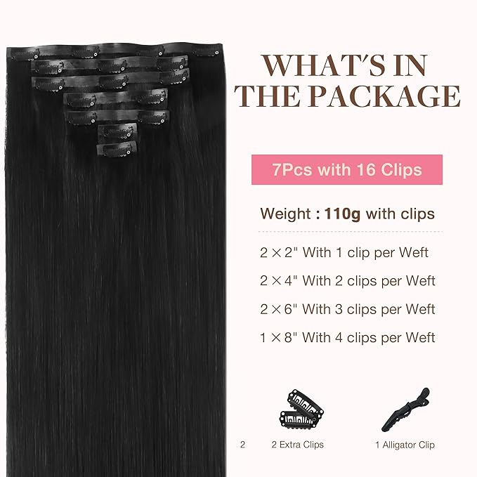 GOO GOO Clip in Hair Extensions Real Human Hair, Remy Human Hair Extensions Clip ins for Women, Natural Human Hair, 16inch 110g 7Pcs, 1B Natural black