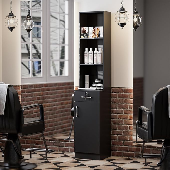 Wall Mount Salon Stations for Hair Stylist, Hair Salon Storage Cabinet, Beauty Barber Station with Lockable Drawer, Shelves, Storage Cabinet, Black