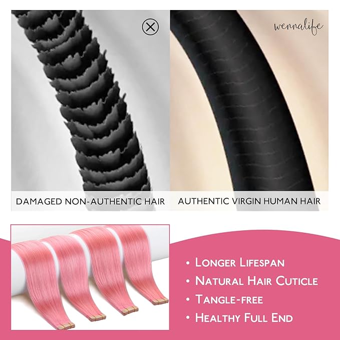 Wennalife Tape in Hair Extensions Human Hair Peach Pink Tape in Extensions, 10pcs 25g 14 inch Remy Invisible Tape Ins Straight Colored Soft Real Human Hair Tape in Extensions Refill Set Extensions