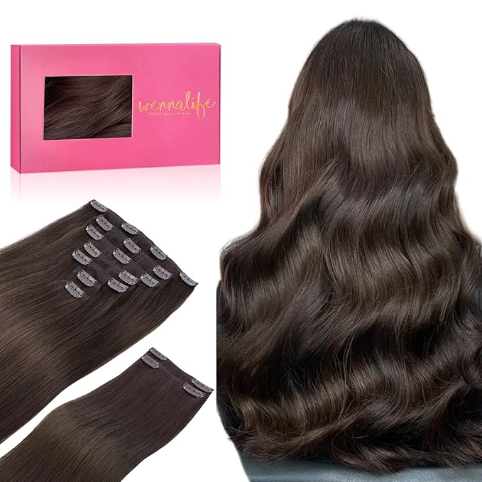 Wennalife Clip in Human Hair Extensions, 24 Inch 150g 9pcs Clip in Hair Extensions Real Human Hair, Light Dark Brown Human Hair Clip in Extensions Remy Human Hair Extensions Clip Ins Double Weft