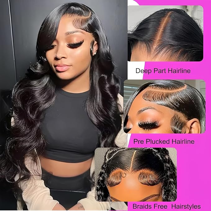 Body Wave Lace Front Wigs Human Hair Pre Plucked 200 Density Glueless 13x6 HD Transparent Lace Frontal Wigs Body Wave Wigs for Women Natural Hairline 18 Inch Human Hair Wig Natural Black