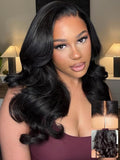 KLAIYI Pre Everything Glueless Layer Side Part Loose Body Wave 13x4 Lace Front Wigs Human Hair Drawstring Curtain Bangs Face framing Pre Bleached Knots Pre Plucked 3S Ready to Put On and Go Wig 16Inch