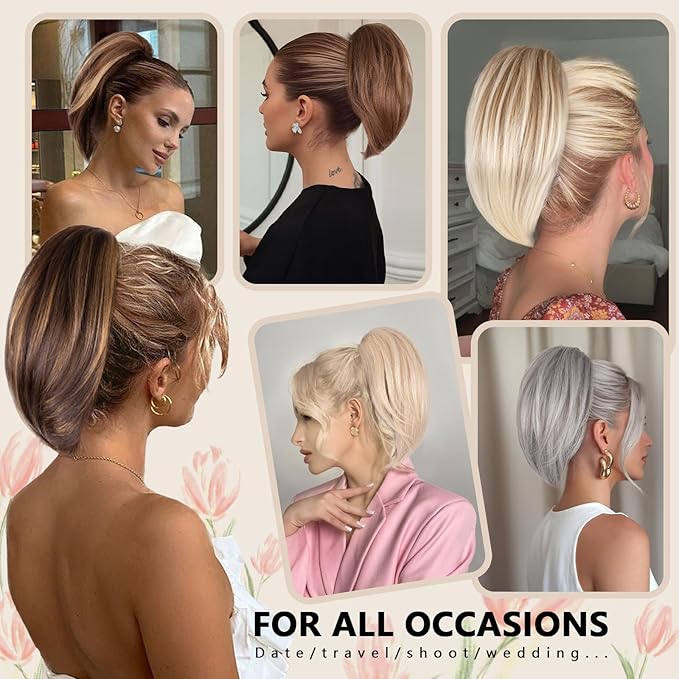 Claw Clip Ponytail Extension - 10 Inch Short Pony Tails Hair Extensions, Soft Synthetic Straight Hair Extensions Ponytail, Clip in Ponytail (Color: Blonde with Bleach Blonde Ends)