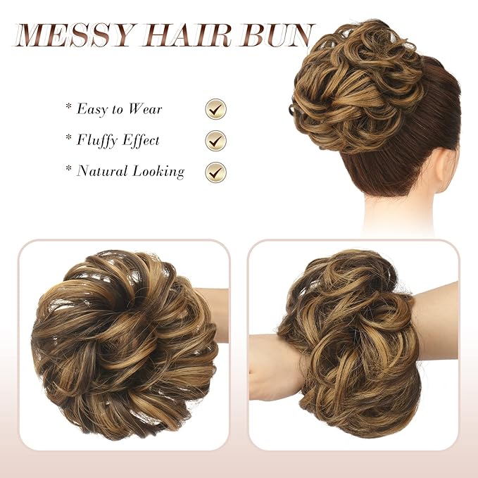 FESHFEN Messy Bun Hair Piece - Elastic Wavy Curly Hair Bun Scrunchies Extensions Synthetic Chignon Hairpieces for Women Girls, Brown Highlighted Caramel Blonde 1.5 oz