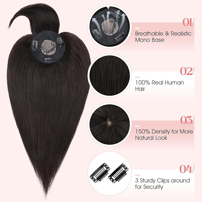 Hairro Mono Hair Toppers with Bangs, 3.4" x 3.4" Mono Base 100% Real Human Hairpieces for Women, 150% Density Clips In Topper for Greyish Thinning Hair, 16 Inch Natural Black