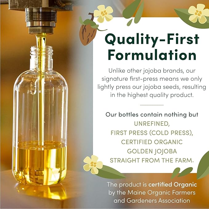 HobaCare Unrefined Organic Jojoba Oil for Skin Care, Hair, Beard, Scalp Massage - 100% Pure Carrier Oil for Perfume or Soap Making - Natural, Vegan, Cruelty-Free, Hexane-Free, Long Shelf Life (32 oz)