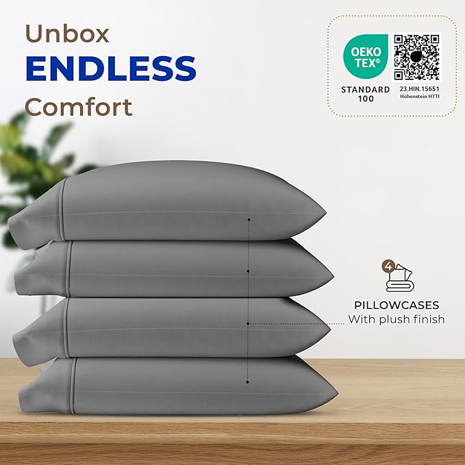THREAD SPREAD 100% Egyptian Cotton Pillow Cases - High Thread Count Pillowcases Queen/Standard Size Pack of 2, Soft, Breathable Extra Long Staple Sateen Weave Cotton Pillow Cover for Bed - Dark Grey