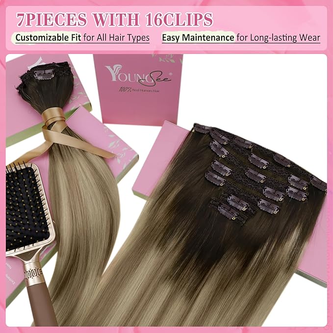 YoungSee 150G Clip in Human Hair Extensions Brown Clip on Hair Extensions for Women Walnut Brown Ombre Light with Blonde Clip in Hair Extension Real Human Hair 22inch 7pcs