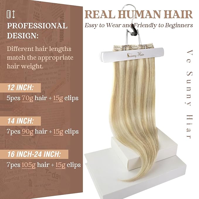Ve Sunny Clip in Hair Extensions Human Hair Dark Blonde Highlights Golden Blonde Hair Extensions Full Head Real Hair Extensions Clip in Human Hair Natural Straight 7pcs 22 inch 120g