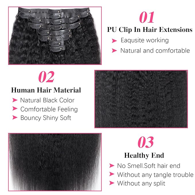 14 Inch Seamless Clip ins Real Human Hair PU Weft Kinky Straight Clip ins #1B Natural Black Color Clip in Hair Extensions 8pcs with 18Clips Per Set 120g