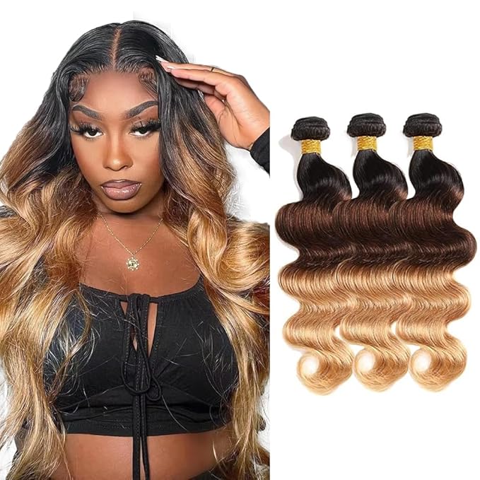 Ombre Blonde Bundles Human Hair T1B4/27 Body Wave Bundles 14 16 18 Inch Niegmeag Brazilian Virgin Remy Hair Extensions Double Weft 3 Tone Honey Blonde and Brown Bundle Hair Weave