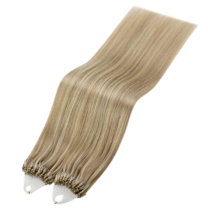 YoungSee Micro Bead Hair Extensions Real Human Hair Blonde Micro Loop Hair Extensions Real Human Hair Golden Blonde Highlighted Beaded Hair Extension 14In 50g 50s Pre Bonded Hair for Short Hair
