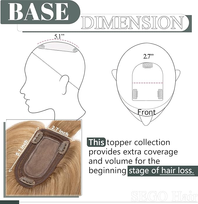 SEGO Hair Toppers for Women Real Human Hair with Thinning Hair, Toppers Hair Clip in Toppers with Front Bangs 150% Density Silk Base -14 Inch #27 Dark Blonde