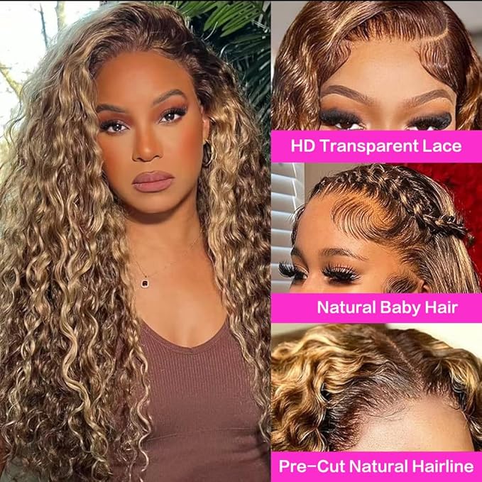 abbildung 26inch Highlight Ombre Lace Front Wig Human Hair 13x6 HD Honey Blonde 4/27 Deep Wave Lace Frontal Wigs Glueless Wigs Human Hair