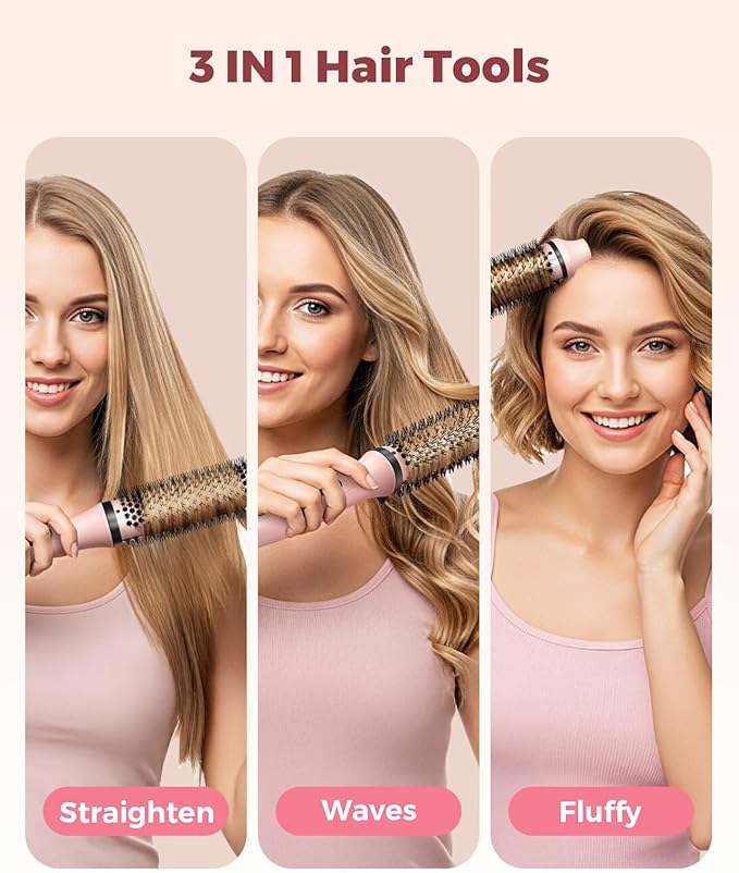 Dual Voltage Thermal Brush, 1.5 Inch Heated Round Brush for Blowout Look, Heated Curling Styler with Negative Ions & Ceramic for Volumizing, 6 Temps & Auto Shut-Off, No Damage, Pink
