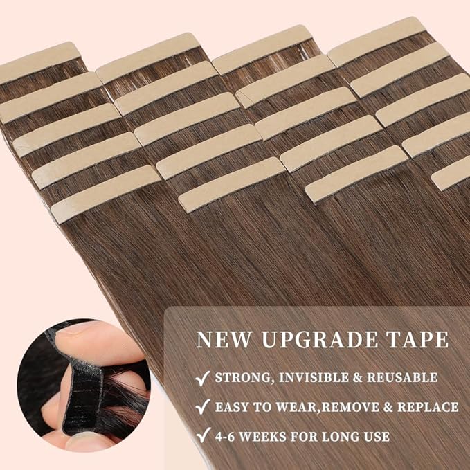 Chestnut Brown Mixed Dark Auburn Tape in Hair Extensions Human Hair, 20pcs 16 Inch Remy Hair Extensions Straight Human Hair Tape in Extensions Skin Weft Tape Extensions Human Hair (4/4/33#,16 Inch)