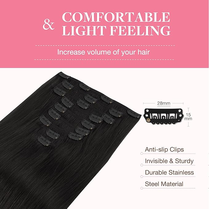 GOO GOO Clip in Hair Extensions Real Human Hair, Remy Human Hair Extensions Clip ins for Women, Natural Human Hair, 16inch 150g 9Pcs, 1B Natural black