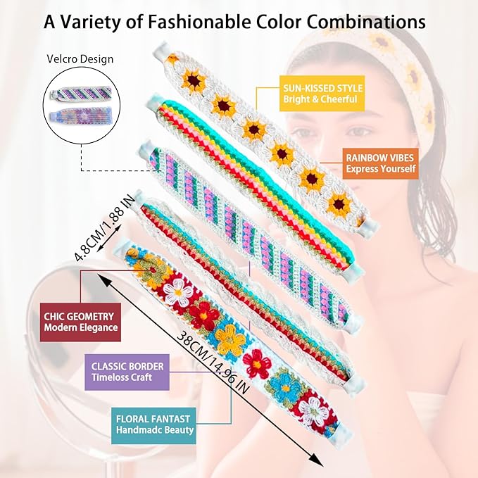 Makeup and Face Washing Headband, 5 Pack Headbands for Women, Full-size Velcro design, No-Squeeze, No-Pull Band Gentle on Hair and Head