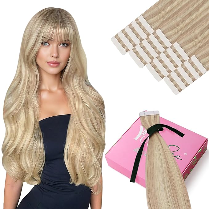YoungSee Blonde Tape in Human Hair Extensions Long Hair Extensions Real Human Hair Tape-in Invisible Tape ins Hair Extensions for Women 24 Inch 20pcs 50g Tapes Extensions Straight Hair
