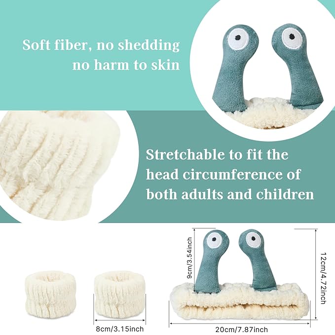Snail Face Wash Headband Skincare & Wrist Bands for Washing Face Set Cute Spa Headband for Women and Wrist Faces Wash Bands for Shower, Facial Cleaning, Soft Coral Fleece Makeup Headbands,Beige & Grey