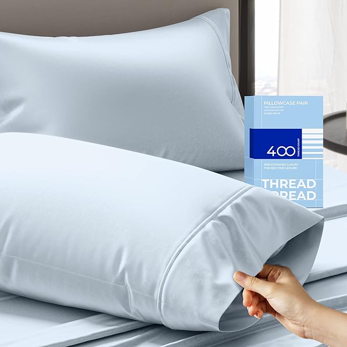 THREAD SPREAD 100% Cotton King Size Pillow Cases Set of 2-400 Thread Count Pillow Cases King Size Set of 2 (Light Blue), Luxuriously Soft Hotel Quality Sateen Weave Pillowcases, Crisp & Cool