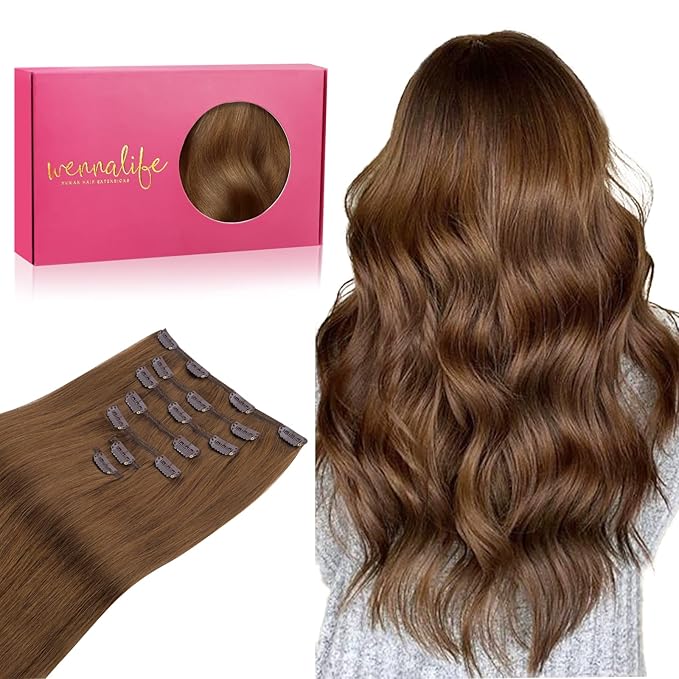 WENNALIFE Clip in Hair Extensions Real Human Hair, 14 Inch 120g 7pcs Human Hair Extensions Clip In Human Hair, Light Auburn Brown Hair Extensions Clip In Real Hair Coloured Remy Human Hair Extensions