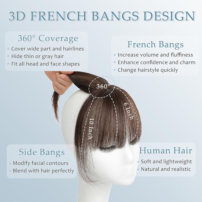 Clip in Bangs Real Human Hair 360° Cover French Bangs Dark Brown Bangs Hair Clip 3D Fake Bangs with Fringe Hairpieces for Women Daily Wear