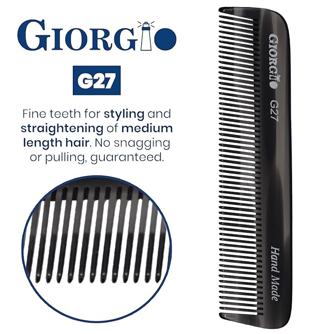 Giorgio G27 Handmade All Fine Tooth Pocket Comb, Hair Comb Straightener for Everyday Grooming Styling Hair, Mustache and Beard for Men Women and Kids, Saw Cut and Polished (Tortoiseshell)