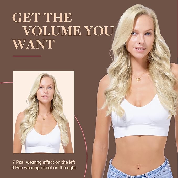 GOO GOO Clip in Hair Extensions Real Human Hair, Remy Human Hair Extensions Clip ins for Women, Natural Human Hair, 14inch 150g 9Pcs, 17A/60A Ash Blonde Highlighted Platinum Blonde