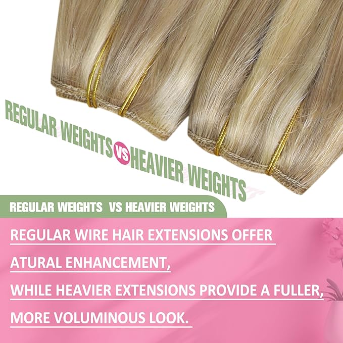 YoungSee 120G Wire Hair Extensions Highlight Human Hair Wire Extensions Golden Blonde Highlights Light Blonde Fish Line Extensions Hair for Women 18Inch