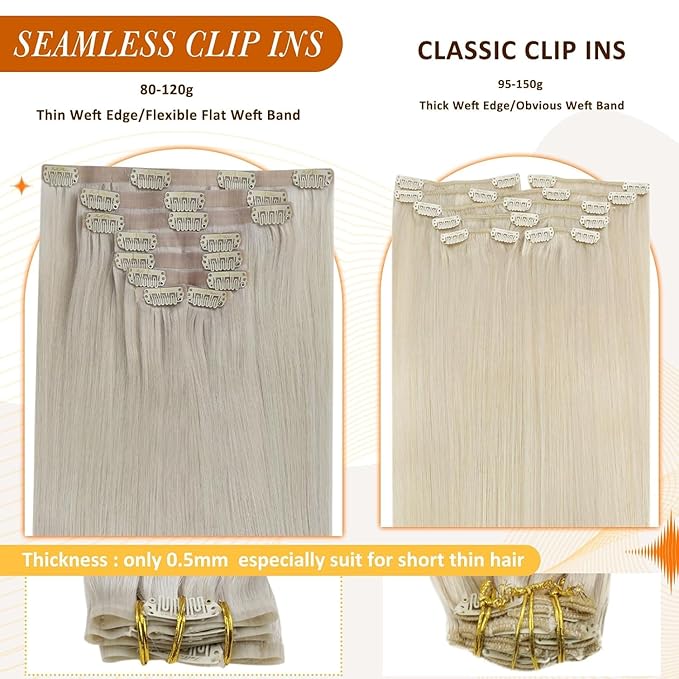 Full Shine Seamless Clip in Hair Extensions Blonde Seamless Hair Extension Clip ins PU Weft Straight Remy Hair Full Head for Women 18 Inch 8 PCS 120 G