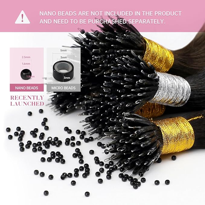 YoungSee Nano Extensions Human Hair Black Ombre Nano Ring Hair Extensions Balayage Black to Silver Nano Loop Hair Extension Silver Nano-Link Extension Cold Fusion 1g/s 50g 16inch