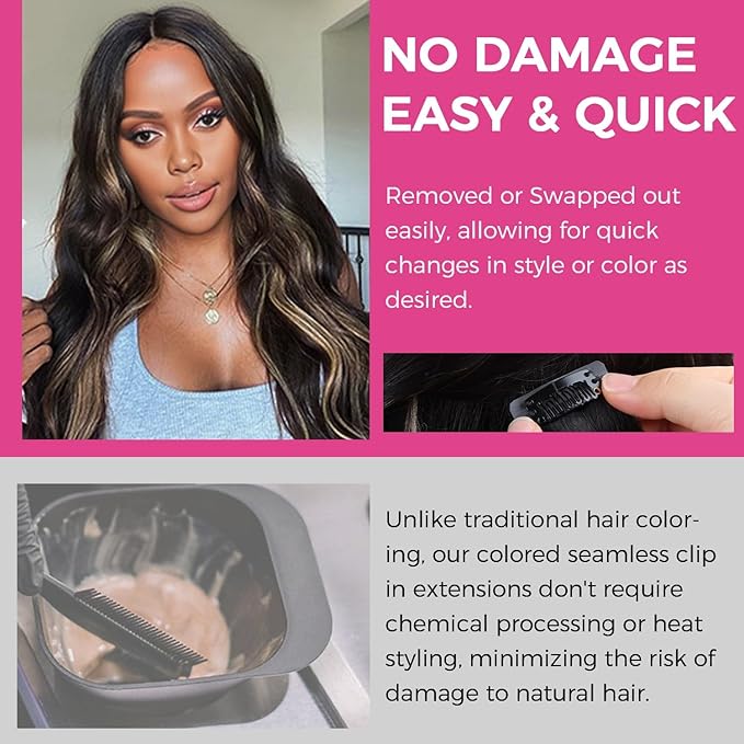 Lashey Seamless Clip in Hair Extensions Human Hair 4pcs 37g 14 Inch Straight Ombre Balayage Ash Brown Highlighted Honey Blonde with Natural Black Dark Roots