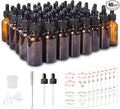 48 Pack 1oz Amber Glass Bottles with Glass Eye Droppers for Essential Oils, Perfumes & Lab Chemicals (Brush, Funnels, 2 Extra Droppers, 54 Pieces Labels & 30ml Measuring Cup Included)