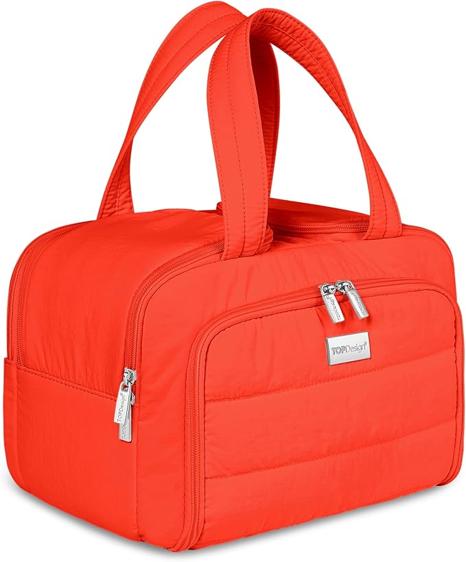 TOPDesign Travel Toiletry Bag for Women, Puffer Large Toiletry Bag, Lightweight Cosmetic Makeup Organizer with Handle for Traveling, Accessories, Essentials, Toiletries (Red Orange)