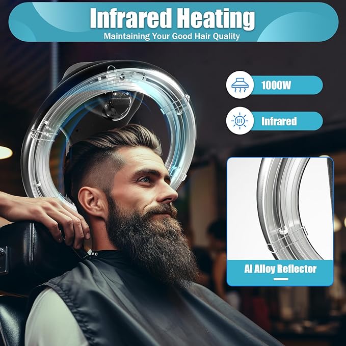 3 in 1 Orbiting Infrared Hair Dryer - 1000W Professional Infrared Hooded Dryer Steamer with Wheels and 6 Modes, Adjustable Height, Hair Color Processor for Home Salon Use
