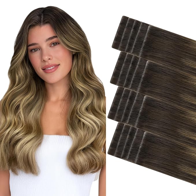 GOO GOO Invisi Edge Tape in Hair Extensions Human Hair, 2/6/18 Balayage Brown to Dirty Blonde, 20pcs 20inch 50g, Virgin Remy Hair, Seamless Injected Tape, Natural Look