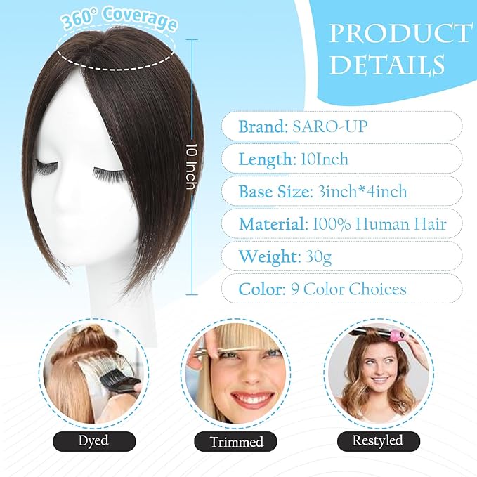 Human Hair Toppers for Women Real Human Hair pieces for Women with Thinning Hair pieces 7 * 10cm Hand-Tied Swiss Base Topper No Bangs 30g Hairpieces 10Inch (Dark Brown)